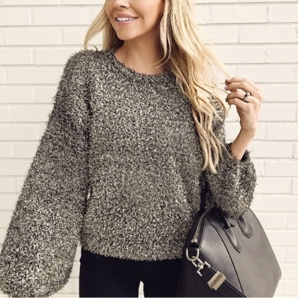 Leith Sparkly Long Balloon Sleeves Tinsel Oversized Sweater XS